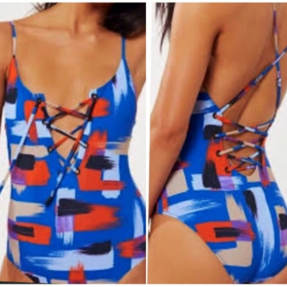 Red Carter Rio Abstract Lace Up One Piece Swimsuit Blue/Red Size XS NWT